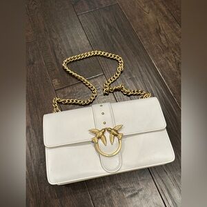 Pinko Love Crossbody Chain Flap Bag White Leather Gold Tone Hardware